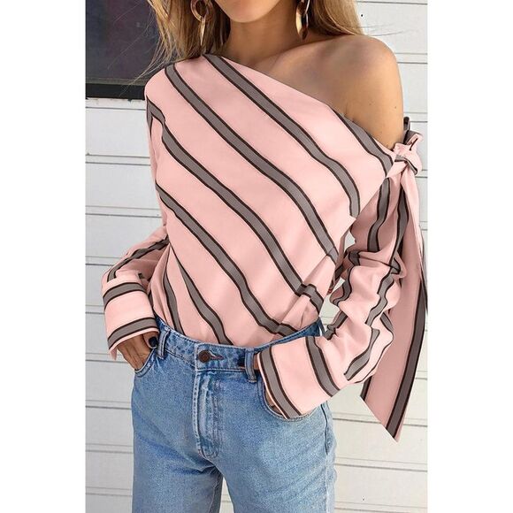 Azura Exchange  Pink Striped Asymmetric Tied Shoulder Blouse - Picture 3 of 8